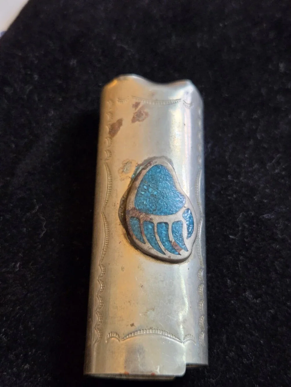 Vintage Alpaca Silver Bic Lighter Cover Inlaid Turquoise Bear Paw Distressed